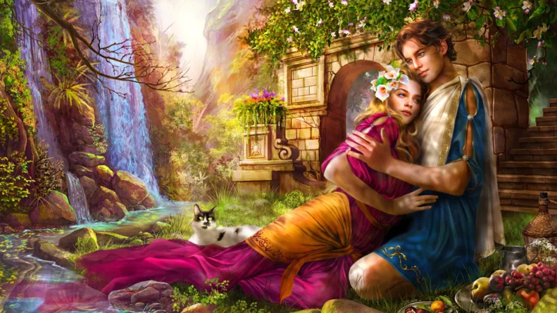 Artistic painting depicting a serene, romantic scene of a couple embracing near a waterfall, surrounded by lush greenery, flowers, and a small cat nearby.