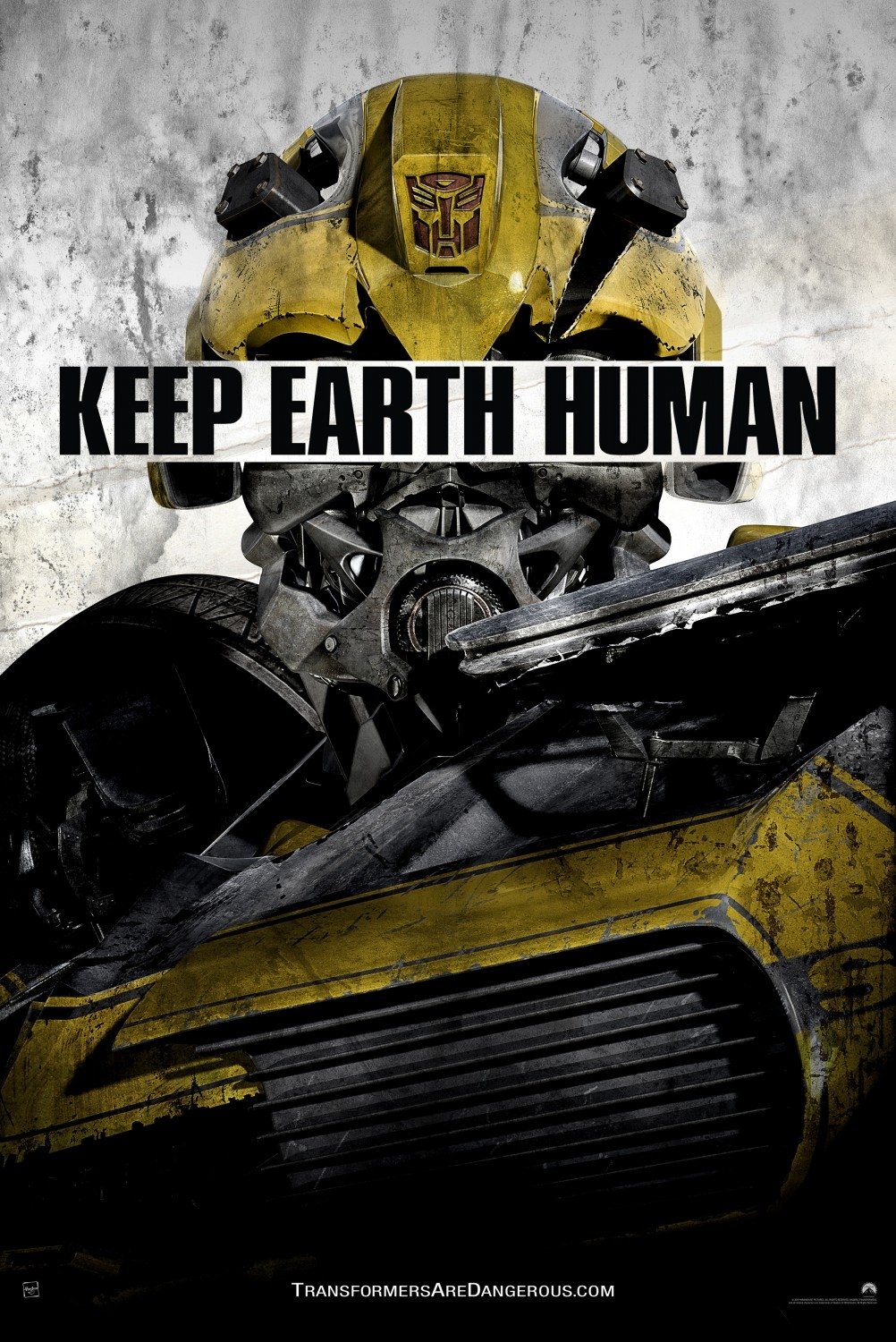 Promotional image for the movie Transformers: Age of Extinction featuring Bumblebee with the phrase Keep Earth Human across the center.