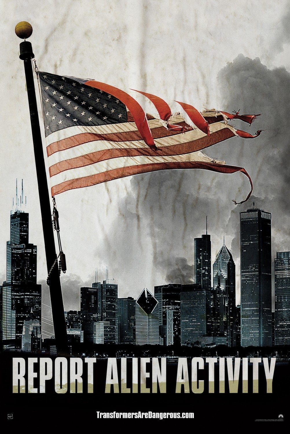 Torn American flag waving over a city skyline with dark clouds, featuring text Report Alien Activity for the movie Transformers: Age of Extinction.