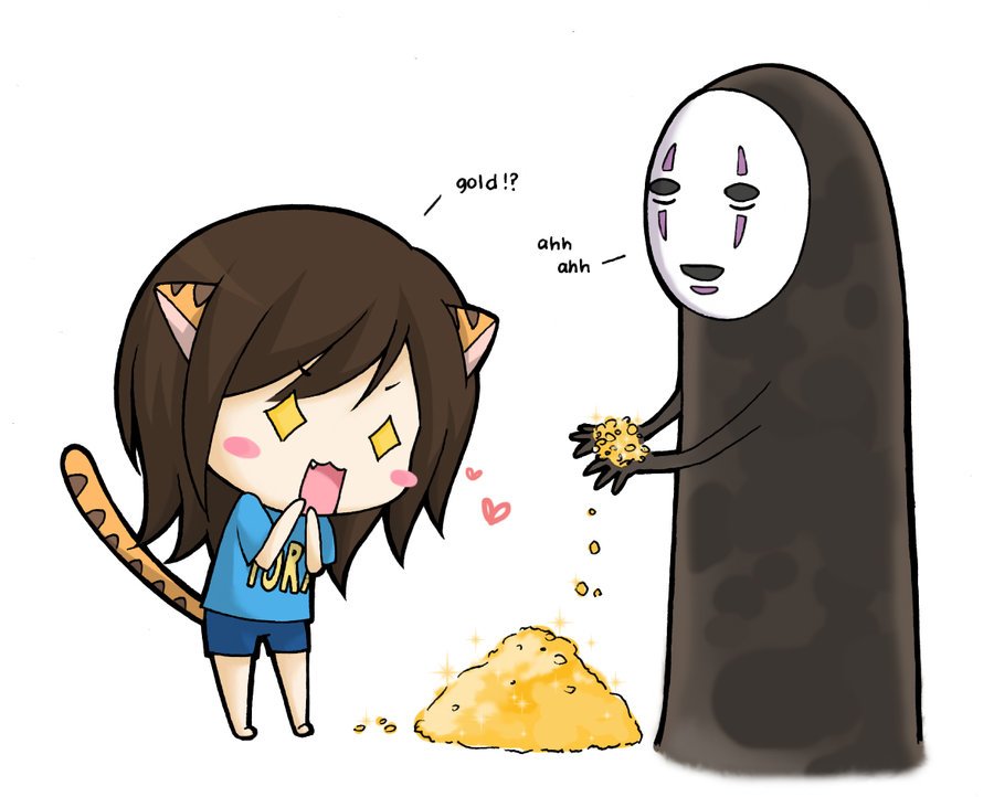 Chibi No-Face (Spirited Away) scatters a pile of gold to an excited anime cat-girl with ears and a striped tail, who gleefully dots her eyes with sparkles.