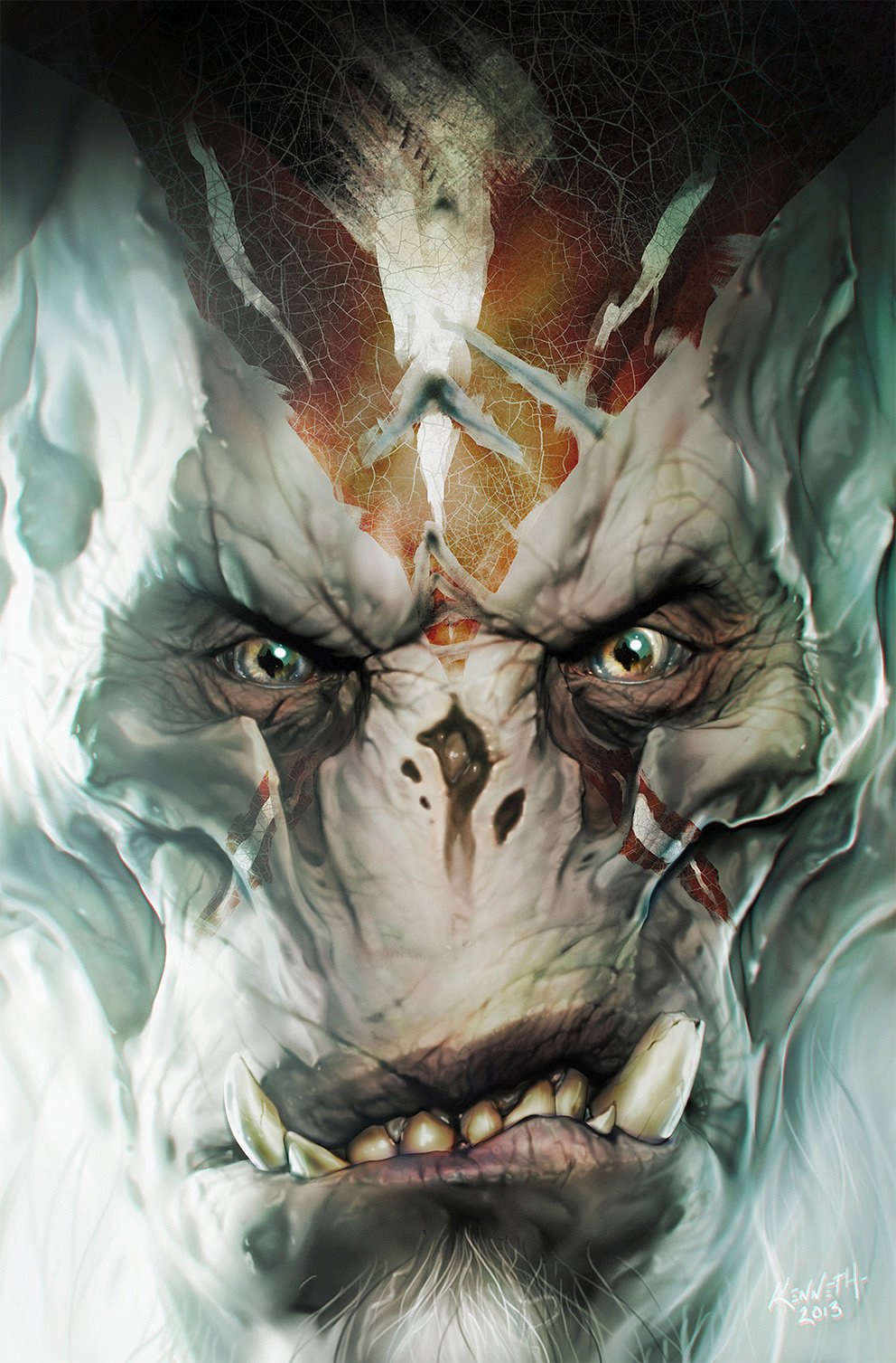 Close-up of a fierce alien creature with cracked skin and intense eyes from the Halo: Escalation comic.