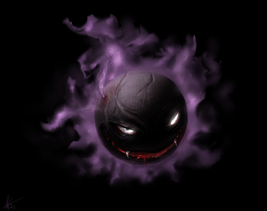 Gastly (Pokémon) - a dark video game ghost creature: a sinister black orb with glowing eyes and sharp teeth, wreathed in swirling purple smoke.