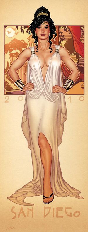 Diana of Themyscira from DC Comics, depicted with black hair, wearing a flowing white dress and gold bracelets, standing confidently against a warm-toned background.