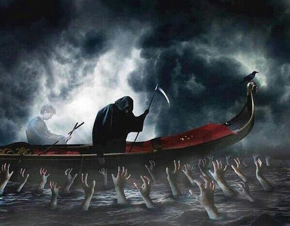 Dark scene: hooded grim reaper rows a red boat across a sea of grasping hands under stormy clouds; a lone passenger and a crow sit at the prow.
