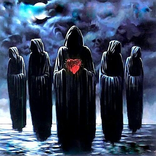 Fantasy, dark, Dark Fantasy: five hooded figures in black robes stand on moonlit water; the center figure cradles a glowing red heart beneath stormy clouds.