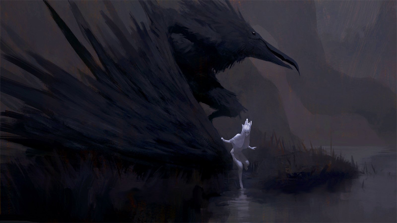 A dark fantasy scene depicting a small, glowing white figure confronting a massive, shadowy bird-like creature in a misty, ominous landscape.