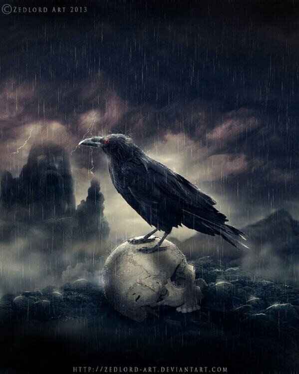Artistic drawing of a dark raven perched on a human skull amid a stormy, rain-soaked landscape with ominous clouds and shadowy rock formations in the background.