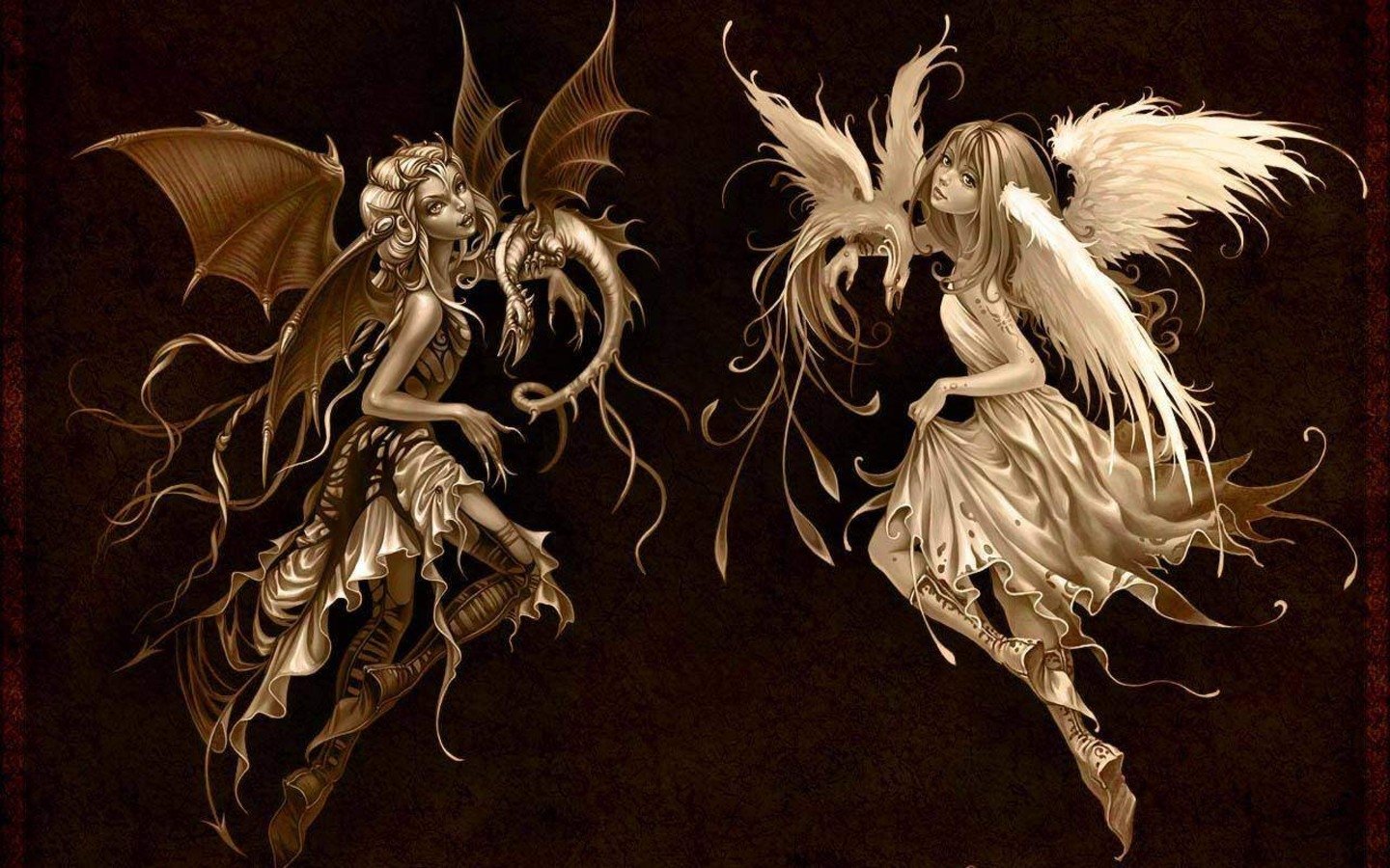 A fantasy scene depicting two women with wings, one with bat-like wings and the other with feathered wings, facing each other against a dark background.