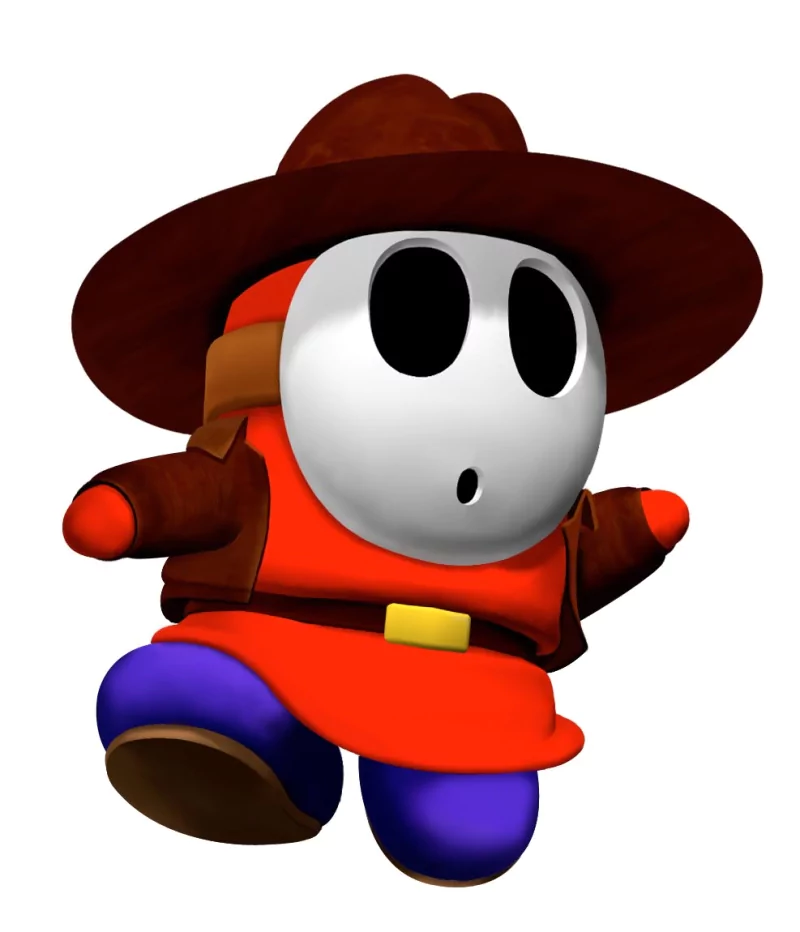 Animated Shy Guy character from Nintendo's Mario video game, wearing a brown hat, red cloak, and purple pants with a surprised expression.