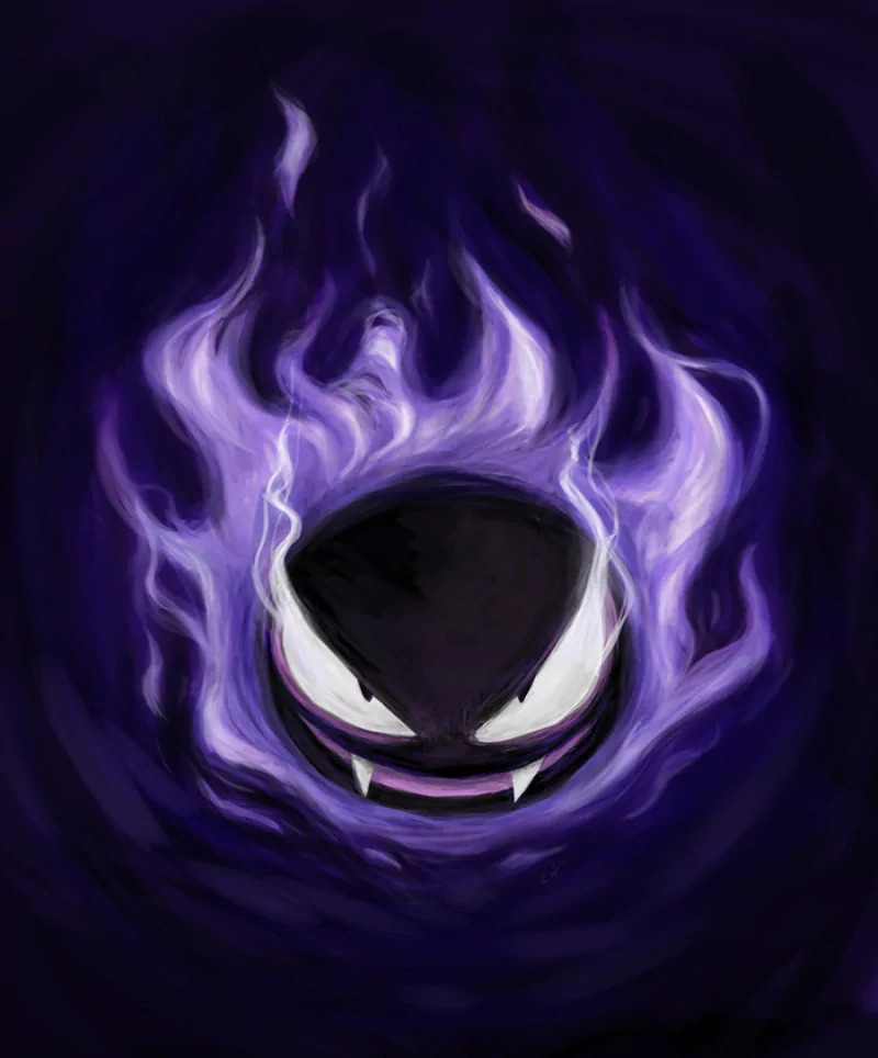 A stylized illustration of Gastly, the ghost-type Pokémon, surrounded by swirling purple flames against a dark background, capturing its eerie and playful essence from the video game.