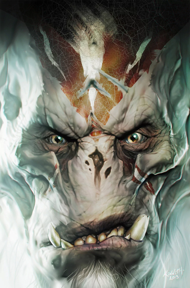 Close-up of a fierce alien creature with cracked skin and intense eyes from the Halo: Escalation comic.
