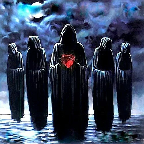 Fantasy, dark, Dark Fantasy: five hooded figures in black robes stand on moonlit water; the center figure cradles a glowing red heart beneath stormy clouds.