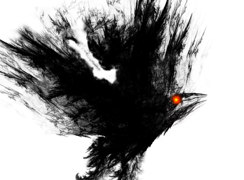 Artistic painting of a dark, abstract bird with dynamic, wispy black strokes and a striking glowing orange eye against a white background.
