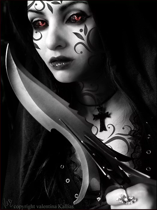A striking gothic figure with dark, intricate tattoos and piercing red eyes holds a dramatic blade, shrouded in a black veil, evoking a mysterious and intense atmosphere.