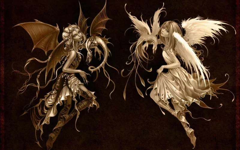 A fantasy scene depicting two women with wings, one with bat-like wings and the other with feathered wings, facing each other against a dark background.