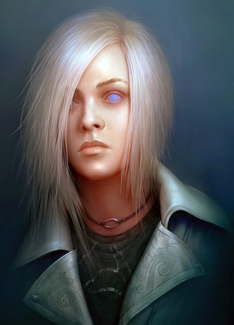 Digital art of a cyberpunk fantasy character featuring a pale-skinned man with glowing eyes and white hair, wearing a detailed futuristic coat and dark clothing.