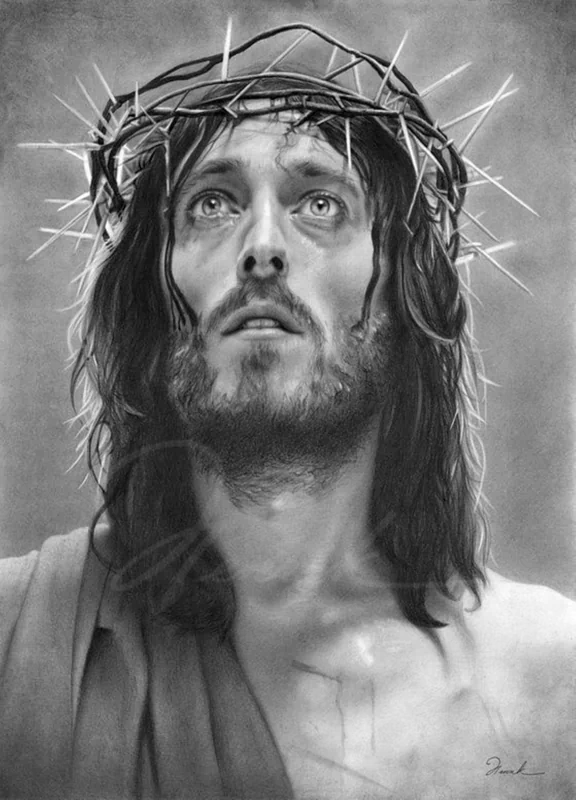 A detailed drawing of Jesus, depicted with a crown of thorns, gazing upward with an expression of serenity and reflection, embodying a profound religious theme.