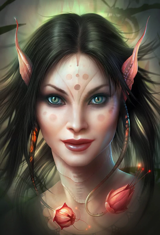 Fantasy digital art portrait of an elf with pointed ears, luminous green eyes, soft floral markings and glowing rose-like buds entwined around her neck.
