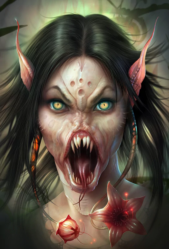Dark fantasy portrait of a monstrous creature with sharp teeth, glowing eyes, pointed ears, and an eerie expression, surrounded by strange, glowing flowers in a horror setting.