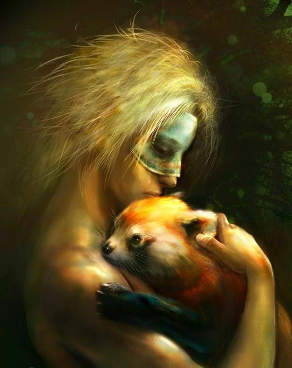 An artistic fantasy scene depicting a person with wild hair and a painted face gently holding a small, fox-like creature in a dim, mystical forest setting.