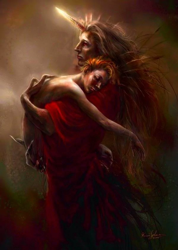 Artistic fantasy scene: a horned, ethereal guardian cradles a limp figure draped in crimson, their hair and robes dissolving into a smoky, luminous atmosphere.