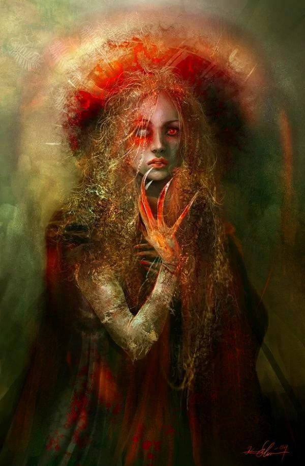 Artistic fantasy portrait of a mysterious woman with glowing eyes, wild hair, and sharp claw-like fingers surrounded by an ethereal, fiery aura.