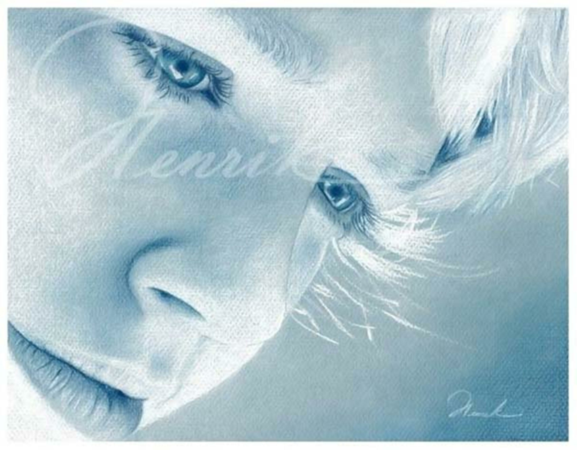 A detailed artistic drawing and painting of a woman's face in soft blue tones, capturing delicate features and an introspective expression.
