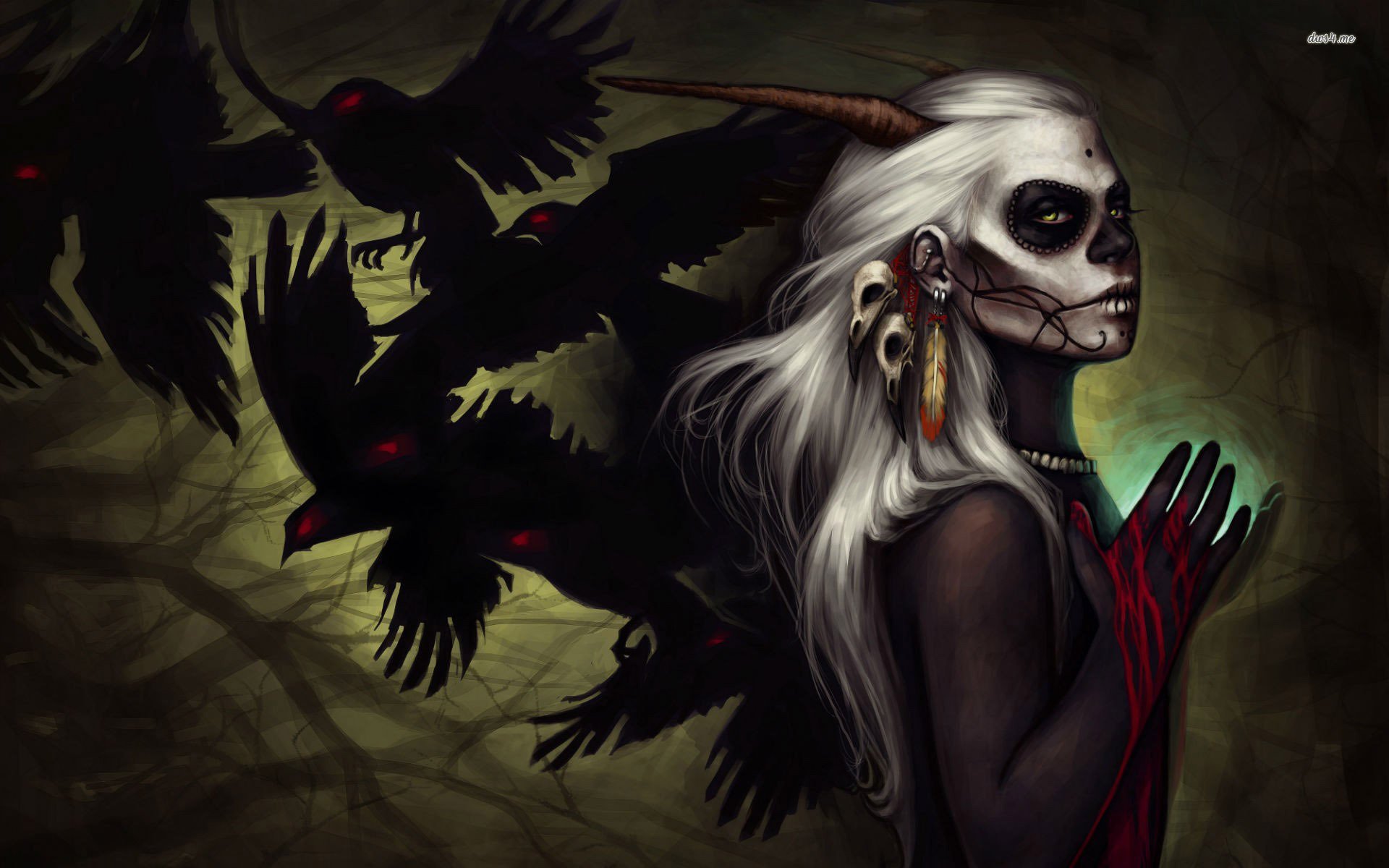 A dark, eerie demon with pale skin and red-tipped hands stands against a shadowy background, surrounded by black birds with glowing red eyes.