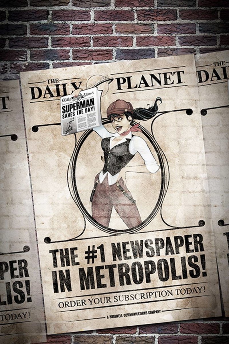 Comic-style newspaper cover from DC Bombshells features Lois Lane with a headline celebrating Superman's heroic act in Metropolis.