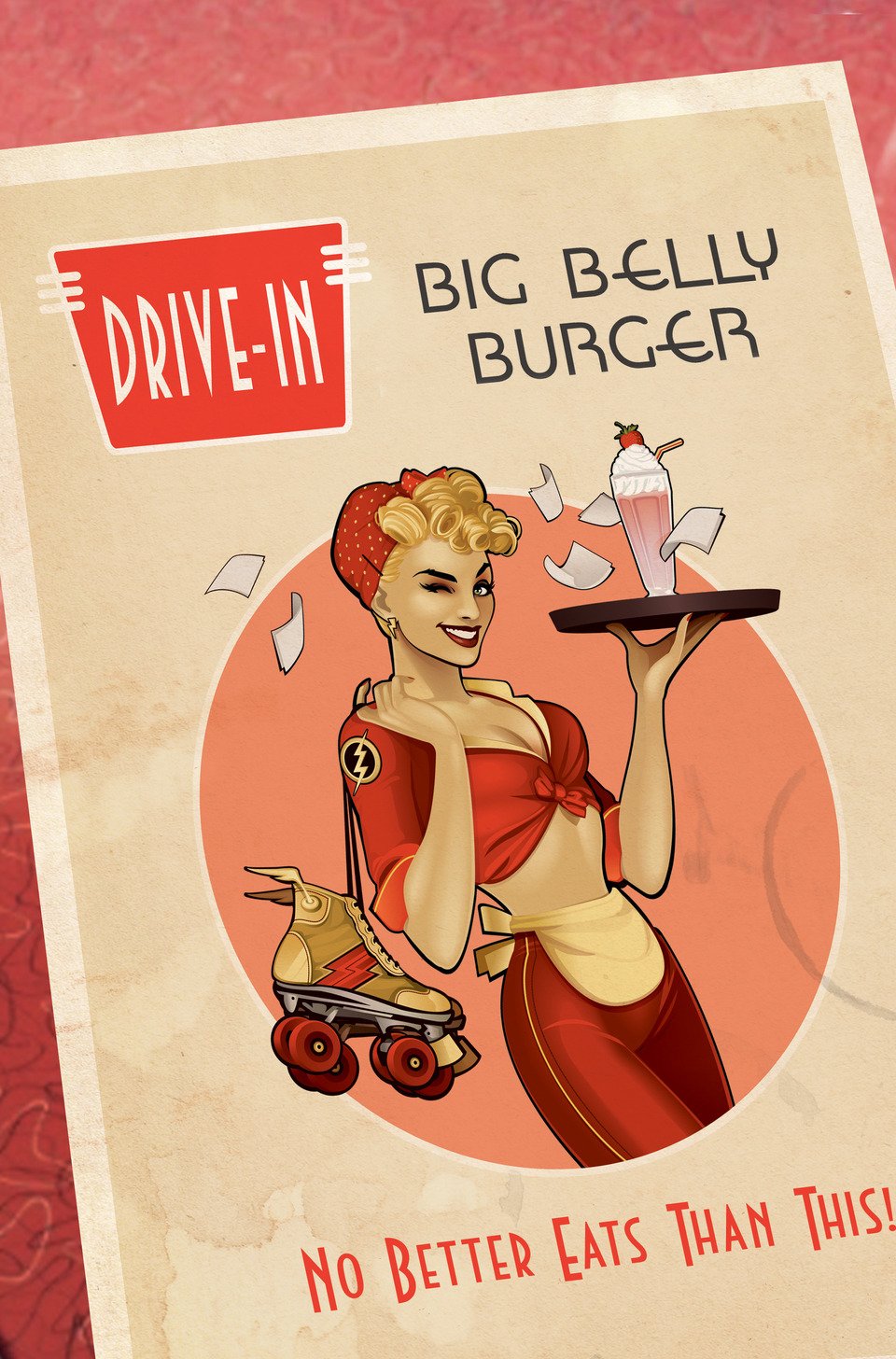 Vintage-style DC Bombshells comic art of Flash as a 1950s diner waitress holding a milkshake, promoting Big Belly Burger with roller skates and a retro vibe.