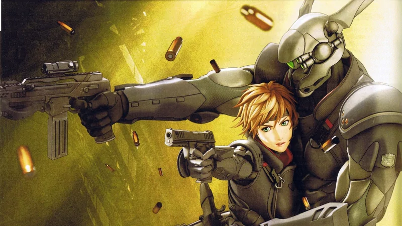 Appleseed anime: armored cyborg and blonde soldier back-to-back, aiming pistols and a rifle as shell casings fly in a green‑tinted action scene.