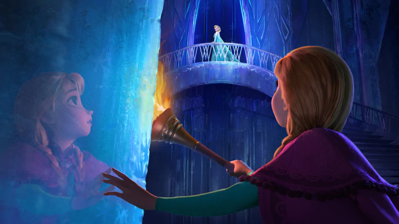 A scene from the movie Frozen shows a character holding a torch while gazing at a frozen reflection of her sister, who stands in an icy castle setting.