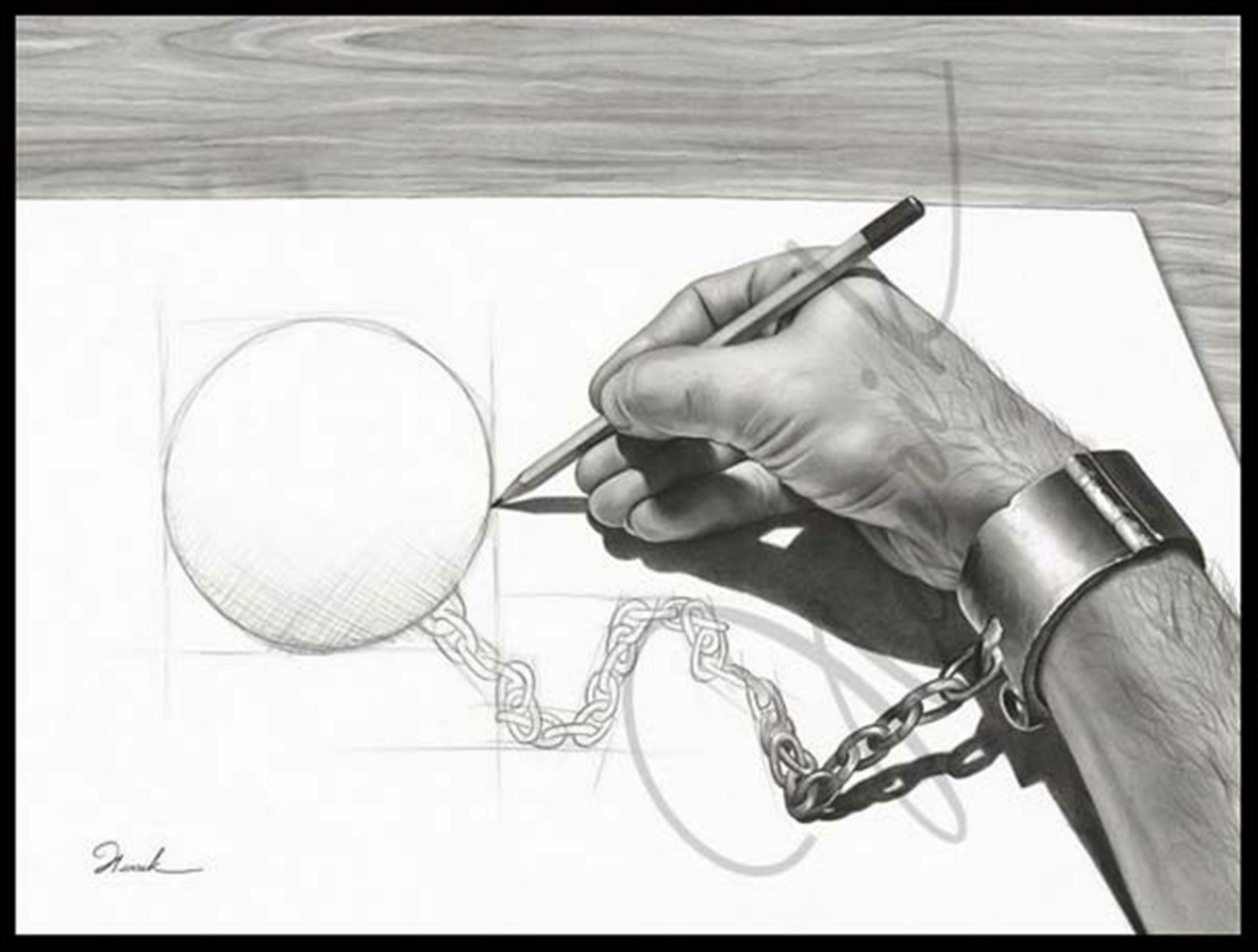 Artistic drawing of a hand sketching a chained ball, blending realistic and surreal elements on paper.