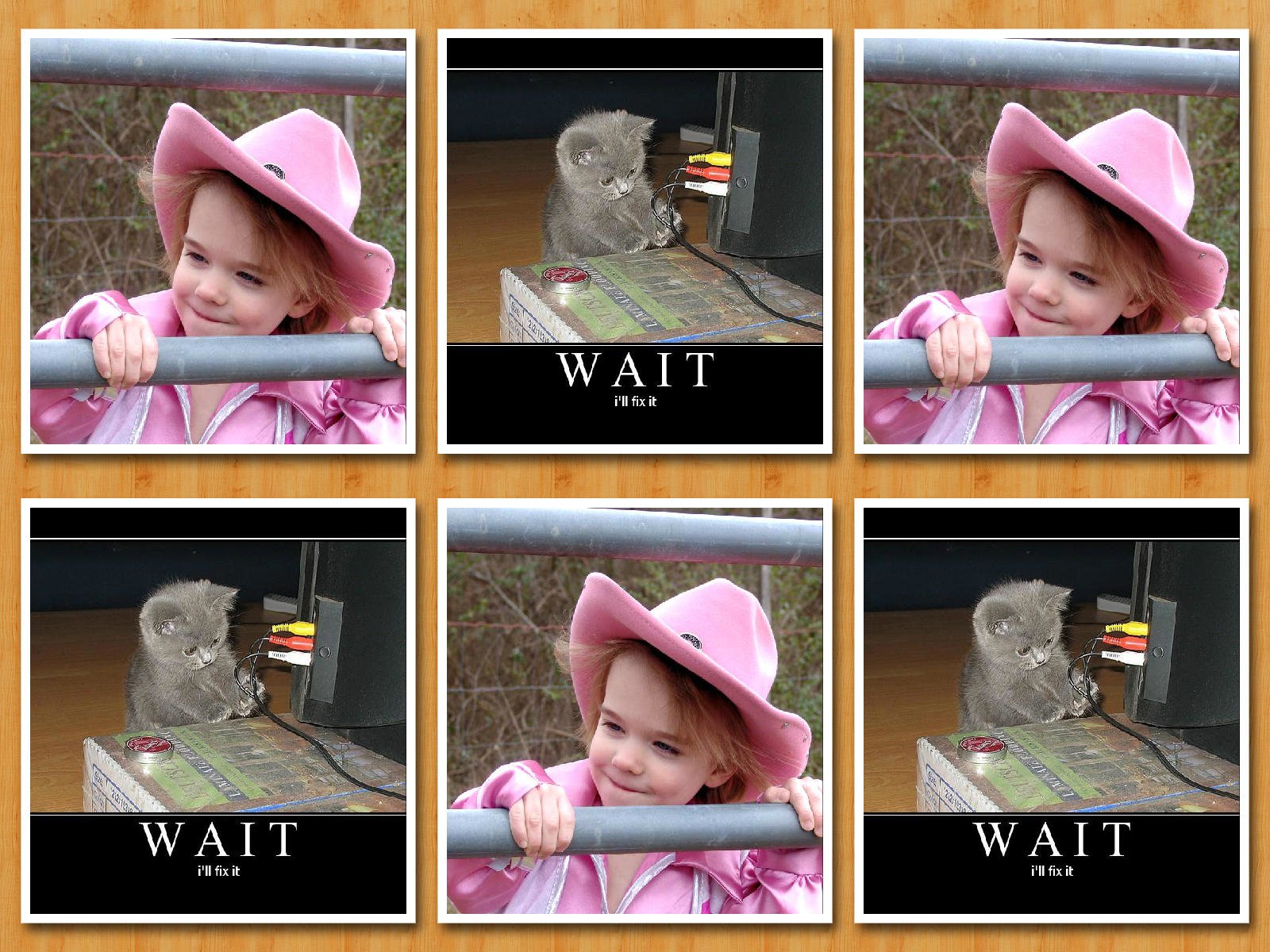 Artistic collage: six panels alternating a smiling young girl in a pink cowboy hat leaning on a railing and a gray owl perched beside a WAIT poster.