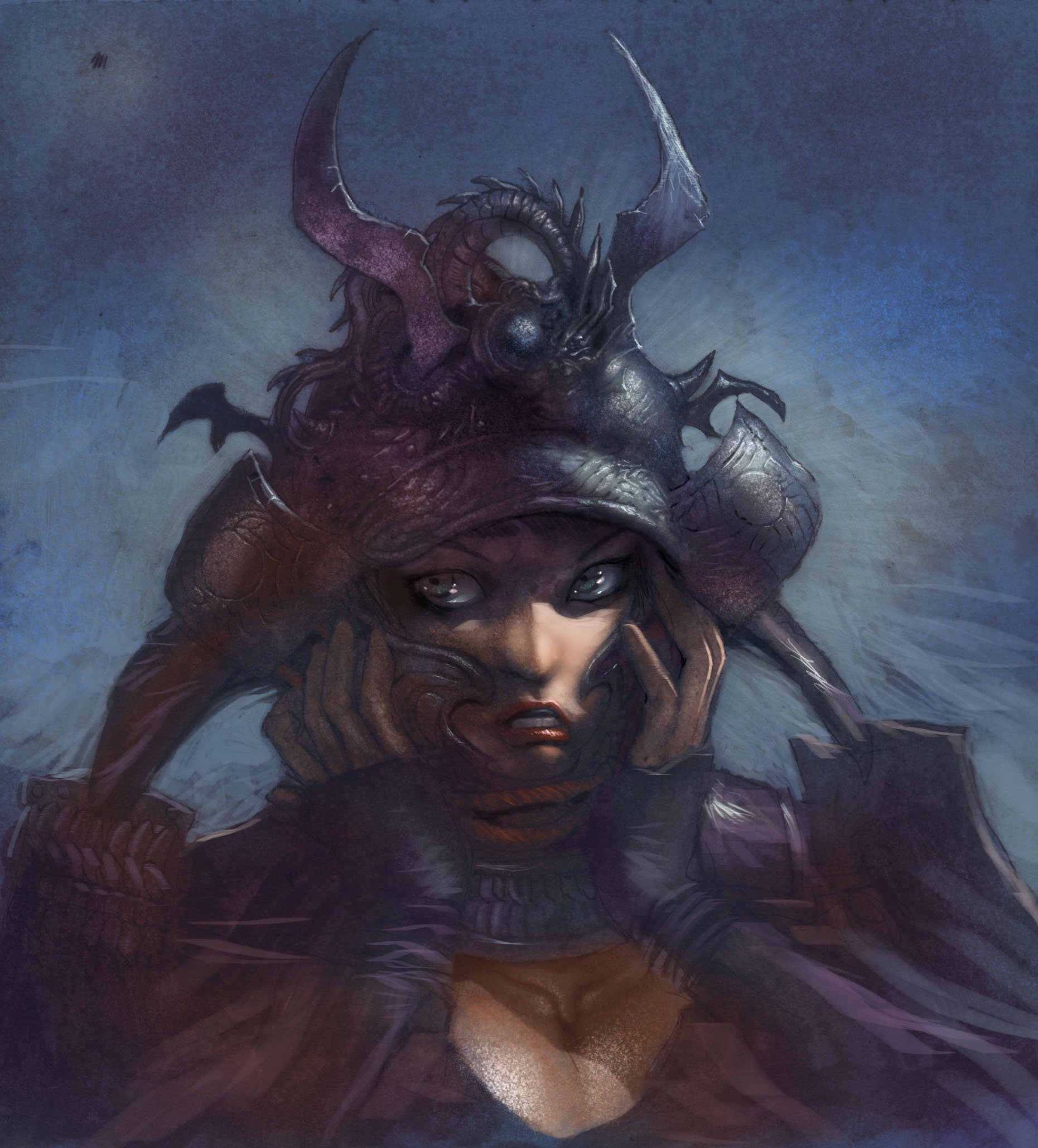 Dark fantasy samurai character design: a brooding fantasy warrior in a horned, insectile helmet and layered armor, pale face and intense eyes in moody blue shadows.