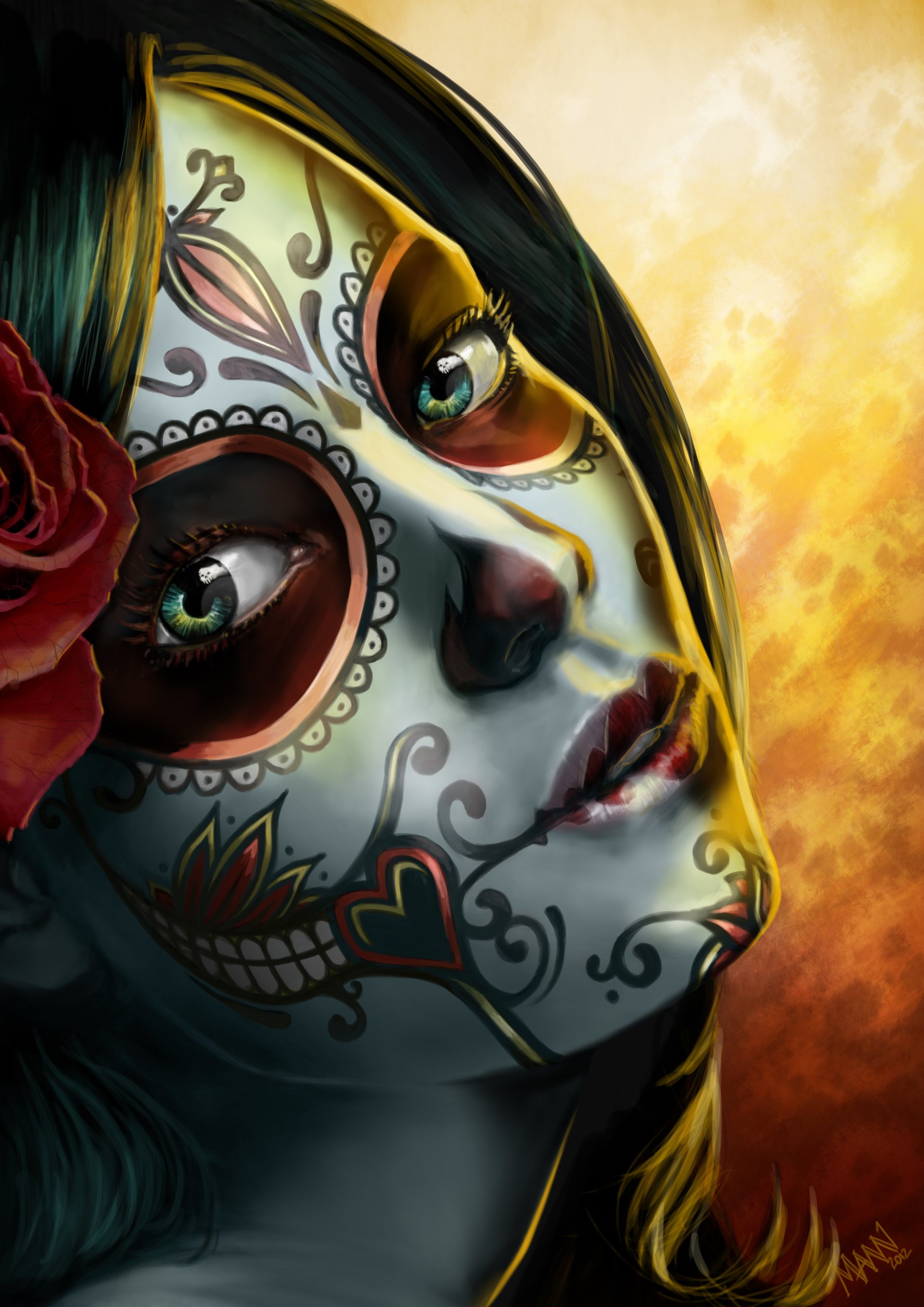 Artistic portrait of a woman with intricate sugar skull face paint, featuring vibrant floral and ornamental designs against a warm, glowing background.