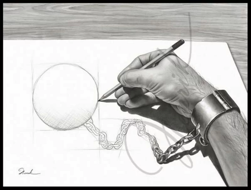 Artistic drawing of a hand sketching a chained ball, blending realistic and surreal elements on paper.
