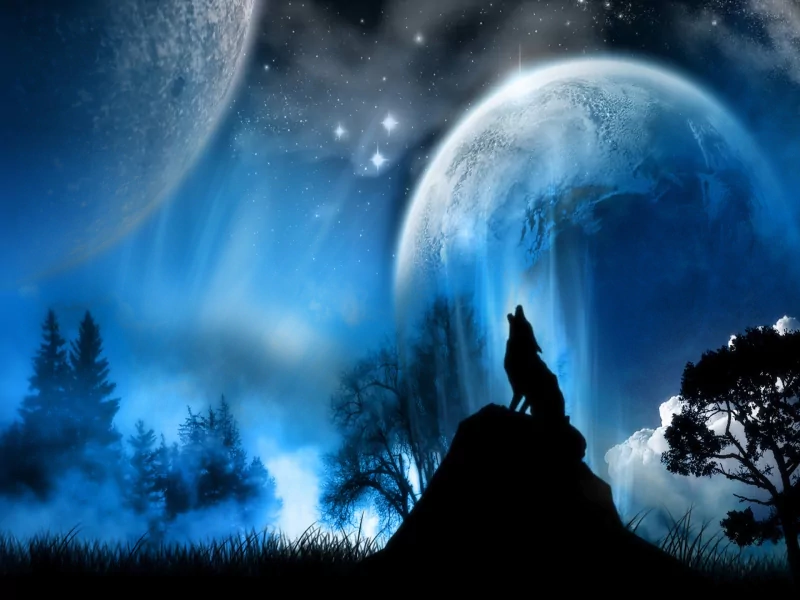 Fantasy landscape with a silhouetted wolf howling atop a rocky ridge beneath giant glowing moons and blue auroras over dark trees.