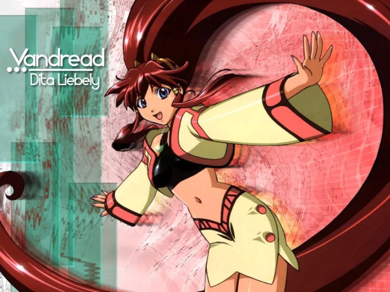 Anime illustration of Dita Liebely from Vandread — energetic red‑haired girl in a cropped outfit striking a dynamic pose against a swirling red and teal background.