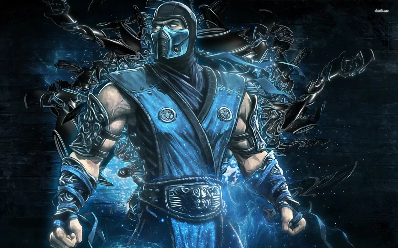 A fierce character from the video game Mortal Kombat stands ready for battle, draped in blue and black with a striking background of swirling energy.