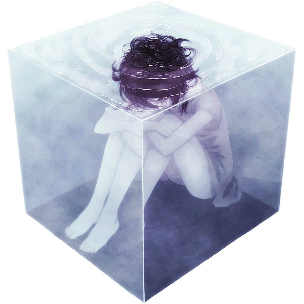 Anime woman curled in a fetal position inside a translucent, water-filled cube, pale misty lighting and a somber, isolated atmosphere.