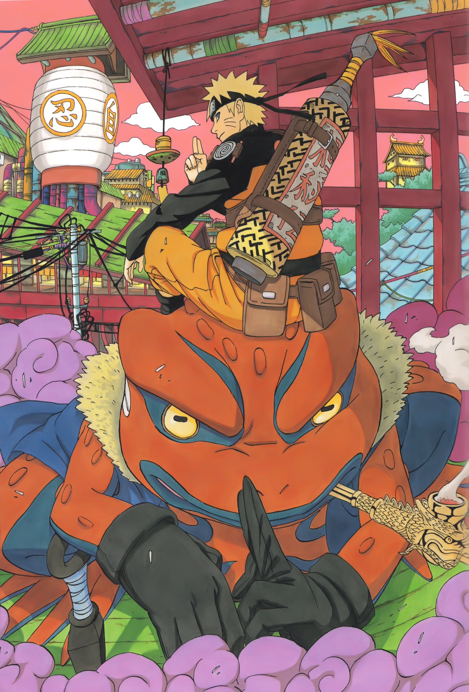 Naruto stands confidently atop a large toad, surrounded by vibrant scenery marked by traditional architecture and colorful lanterns, showcasing the dynamic world of anime.