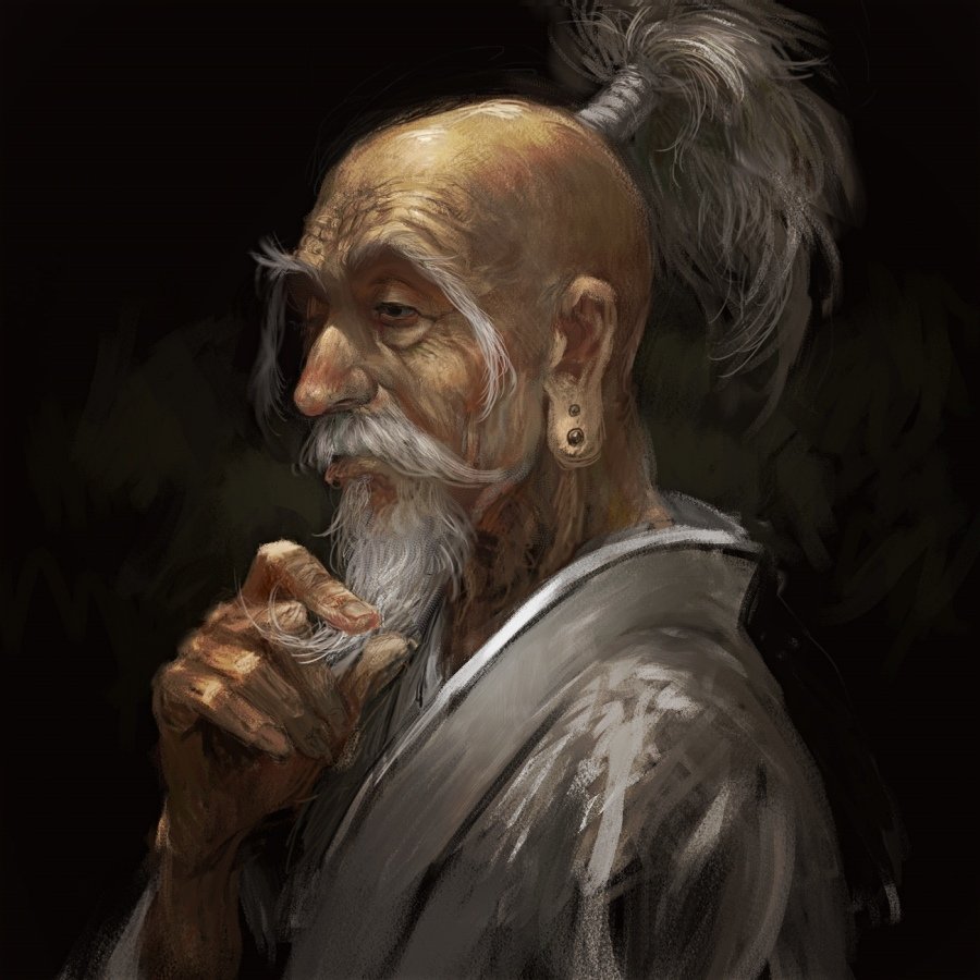 Portrait of Isaac Netero from Hunter x Hunter anime, depicting his aged face, white beard, and contemplative expression against a dark background.