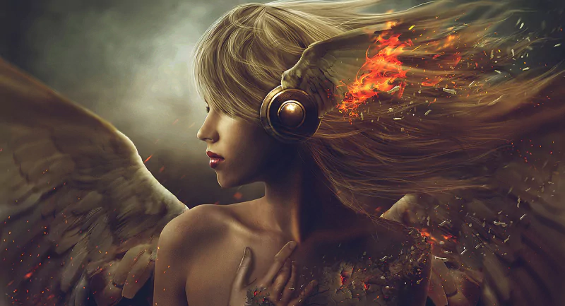 A fantasy angel in profile wearing headphones; her flowing hair and feathered wings ignite into embers and flame against a moody, smoky sky.