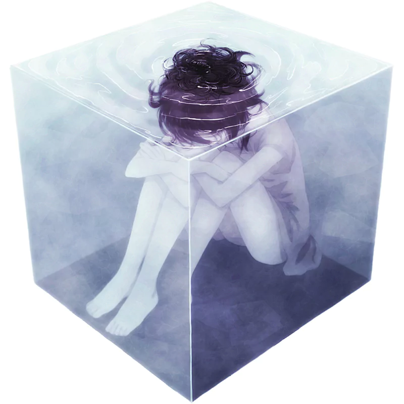 Anime woman curled in a fetal position inside a translucent, water-filled cube, pale misty lighting and a somber, isolated atmosphere.