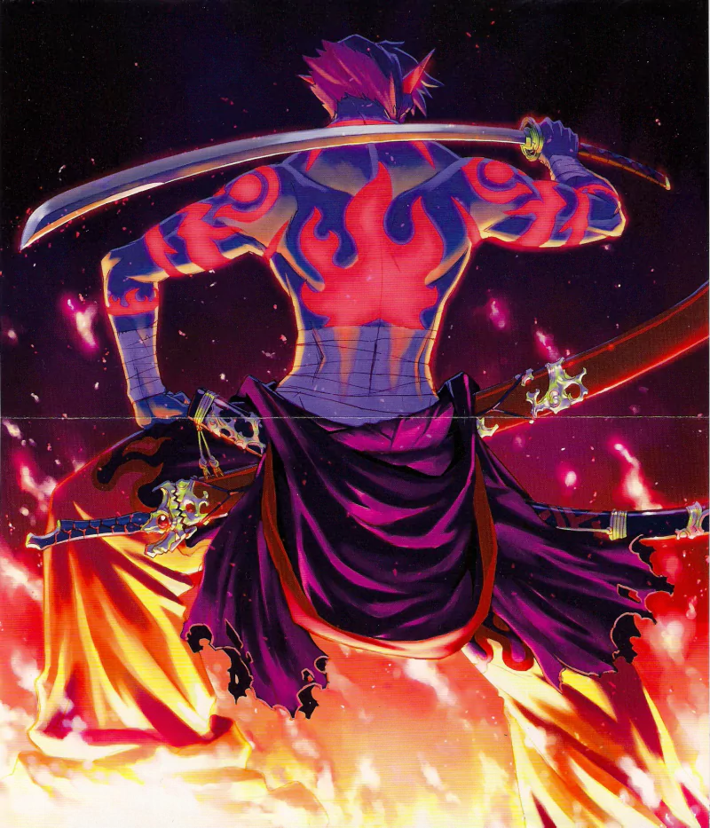 Anime-style illustration of Kamina from Tengen Toppa Gurren Lagann, shown from behind with glowing tattoos, wielding swords amid fiery flames.