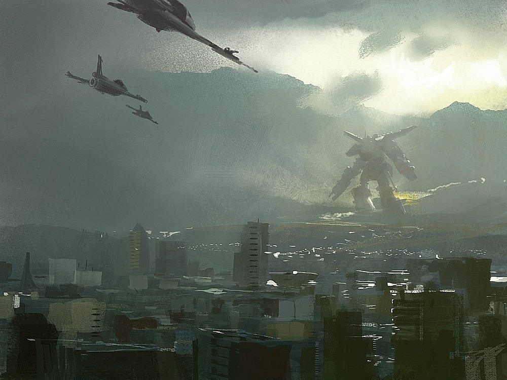 Futuristic cityscape beneath stormy skies, a colossal sci-fi mecha/mech stands on distant hills while sleek aircraft patrol above.