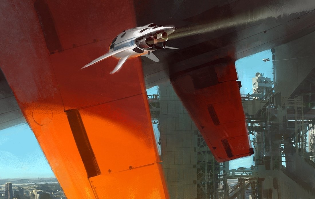 Sci-fi scene of a sleek spaceship, a futuristic vehicle darting beneath massive orange industrial architecture over a dense mechanical cityscape.