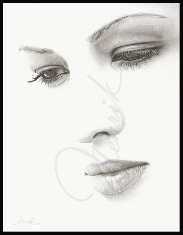 A detailed drawing of a woman's face, capturing her serene expression with emphasis on her eyes and lips, rendered in soft pencil strokes against a minimalist background.