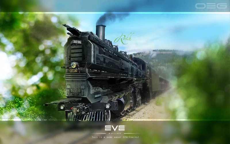 EVE Online video game artwork showing a detailed steam locomotive rolling through sunlit, forested countryside with the game logo and soft-focus vignette edges.
